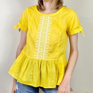 J. Crew Yellow & White Cross Stitch Embroidered Peasant Peplum Blouse Top Size 2